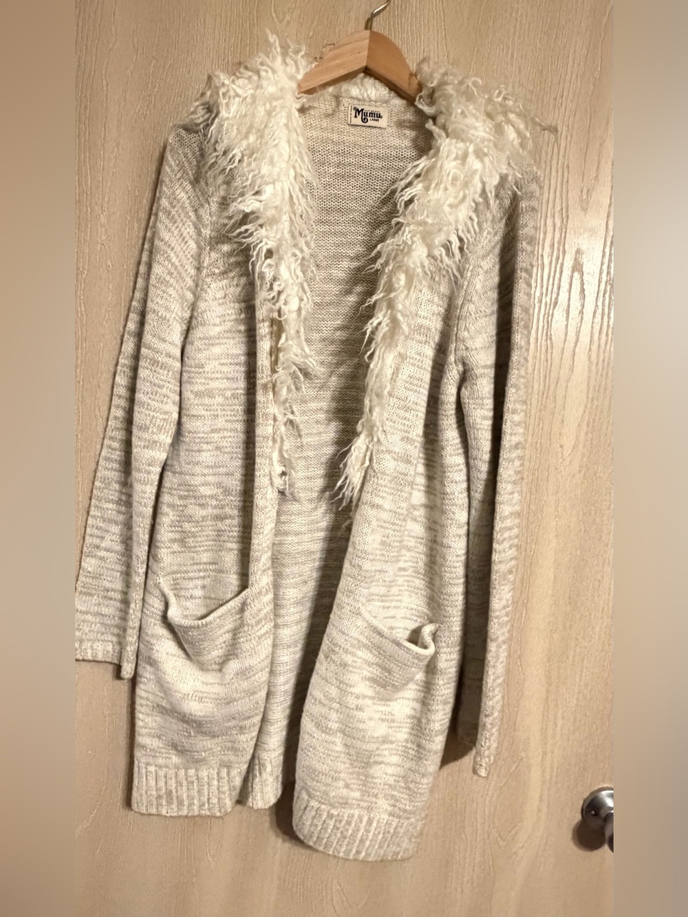 Show Me Your MuMu Cream Open Cardigan with Faux-Fur Trim